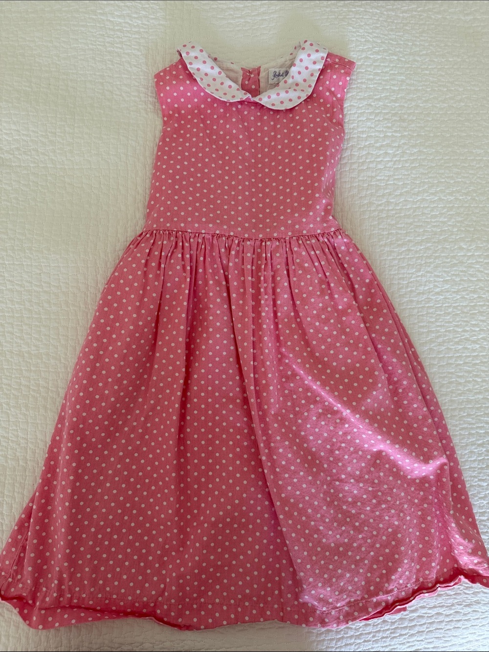 Rachel Riley Pink Dottie Sleeveless Kids Dress with Peter Pan Collar